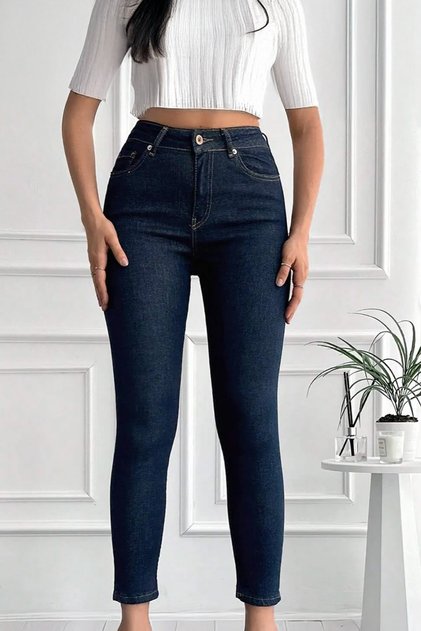 Kadın Yüksek Bel Skinny Lacivert Power Likra Dar Paça Jean