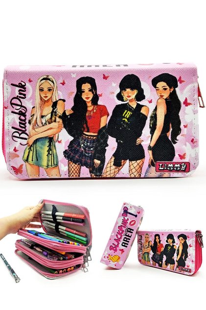 Pencil Case Black Pink Blackpink Organizer Pencilcase Vegan Leather Three Compartment Pen Holder-Pink