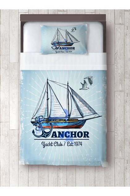 Sea Theme Patterned Baby Kids Single Pique and Pillowcase Bedspread Set