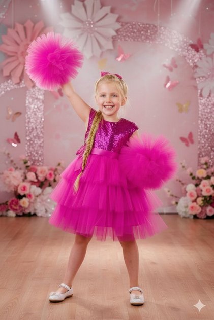 Pompom Buckle Sequin Detail Fuchsia Birthday Party Show 23 April Graduation Dress Aby160