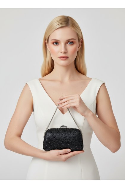 Black Color Stone Chain Detailed Chain Handle Women's Evening Dress Bag Wedding Engagement Graduation