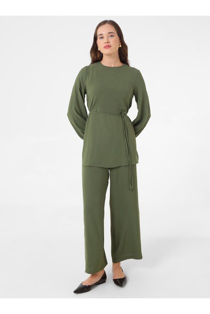 Basic Tunic & Pants Two-Piece Set with Balloon Sleeves and Rope Belt Detail - Khaki -