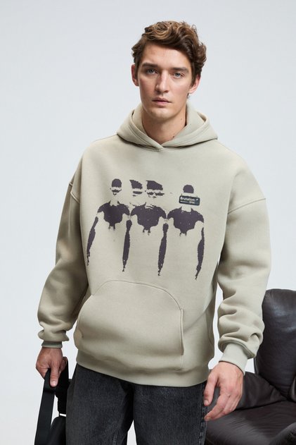 Armand Men's Hooded Kangaroo Pocket Oversized Stone Color Sweatshirt with Front Print