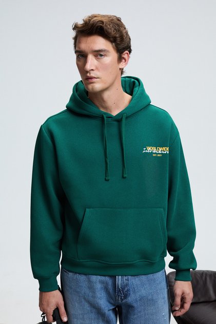 Pascal Men's Hooded Regular Fit Green Sweatshirt with Kangaroo Pocket on Front and Back