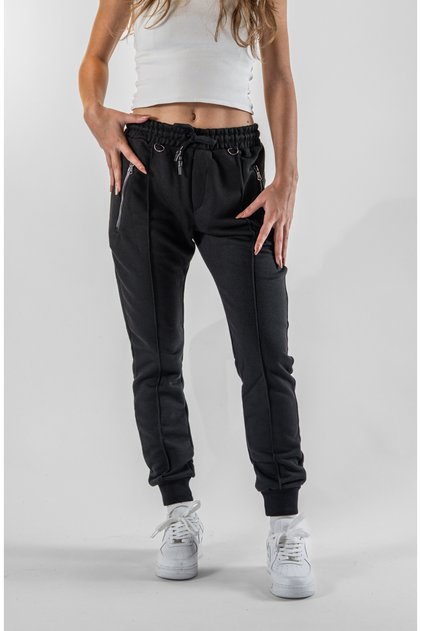 Women's Zipper Pocket Elastic Leg Black Sweatpants