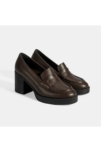 Women's Brown Thick Heeled Leather Loafer