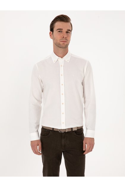 White Slim Fit 100% Cotton Button-Down Collar Flannel Shirt 50313122-Vr013