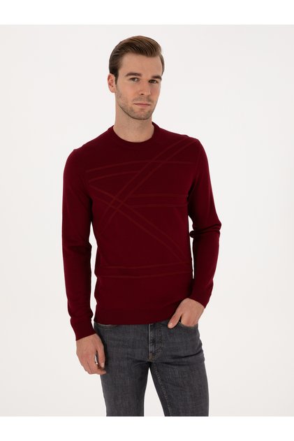 Dark Burgundy Slim Fit Wool Blend Crew Neck Knitwear Sweater 50311869-Vr175