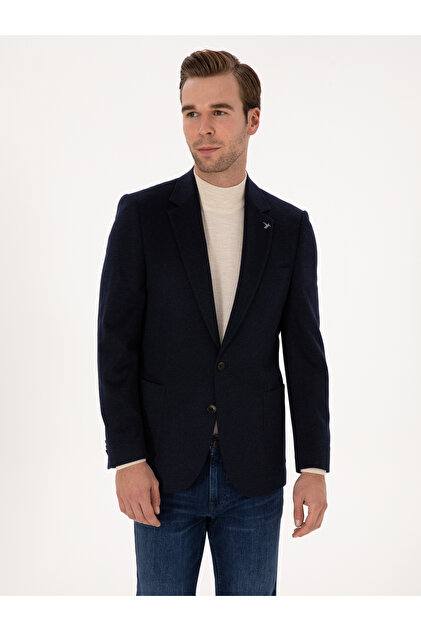 Navy Blue Slim Fit 100% Cashmere Flannel Jacket 50314254-Vr033
