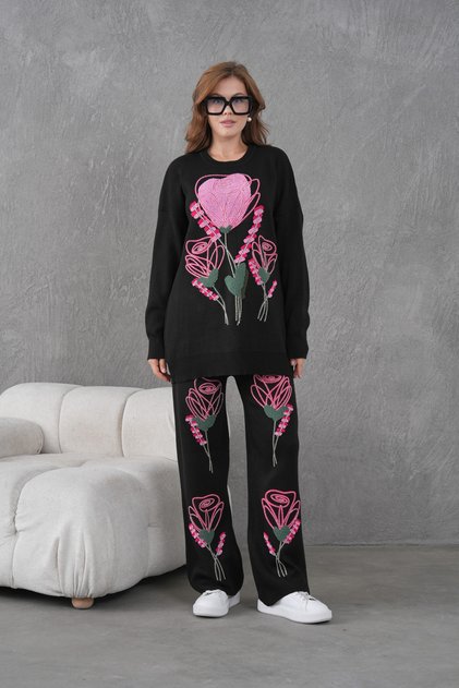 Women's beaded and embroidered loose fit knit sweater and pants top and bottom set
