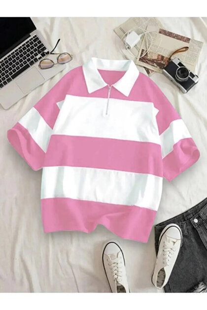 Unisex Pink-White Oversize Polo Collar Zippered Partial Polo T-Shirt