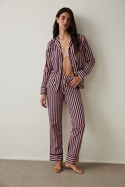 Pink Maroon Striped Shirt Collar Cotton Pajama Set