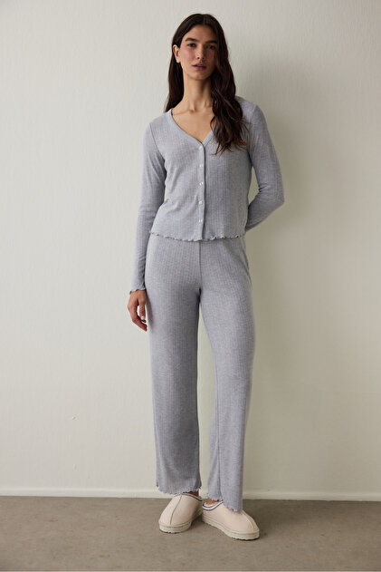 Light Gray Melange Dahlia V-Neck Long Sleeve Thermal Effect Pajama Set