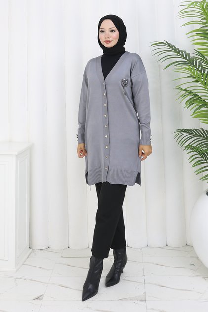 Collar Detailed Long Mercerized Cardigan N3260 Gray