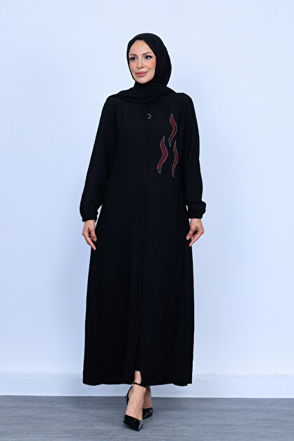 Simple Daily Burgundy Stone Pattern Detailed Full Length Black Ferace with Hidden Placket