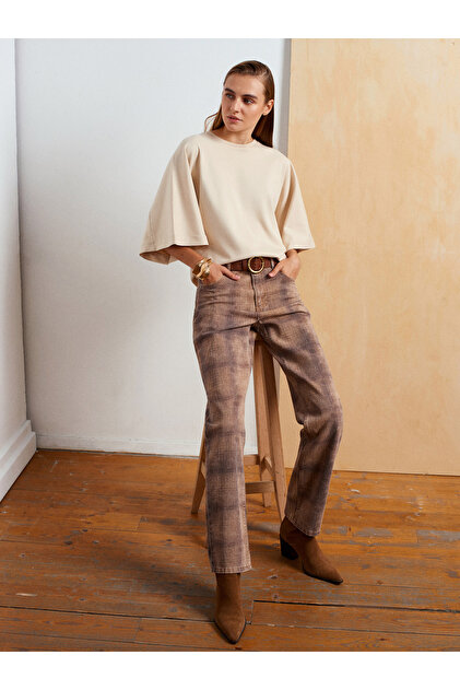Dilvin 72066 %100 Pamuk Ekose Desenli Denim Pantolon-Camel