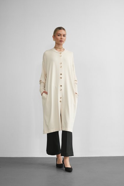 Women's Knitwear Gold Buttoned Midi Length Hijab Cardigan
