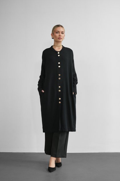 Women's Knitwear Gold Buttoned Midi Length Hijab Cardigan