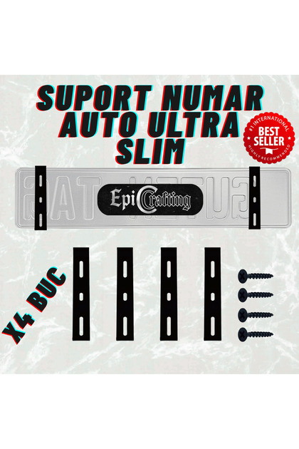 Set 4 Suporturi Număr Auto Ultra Slim Inmatriculare, Negru, Compatibile Universal