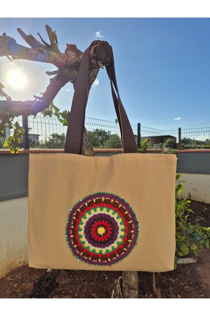 Cream Duck Fabric Bag with Beaded (Red) Mandala Detail