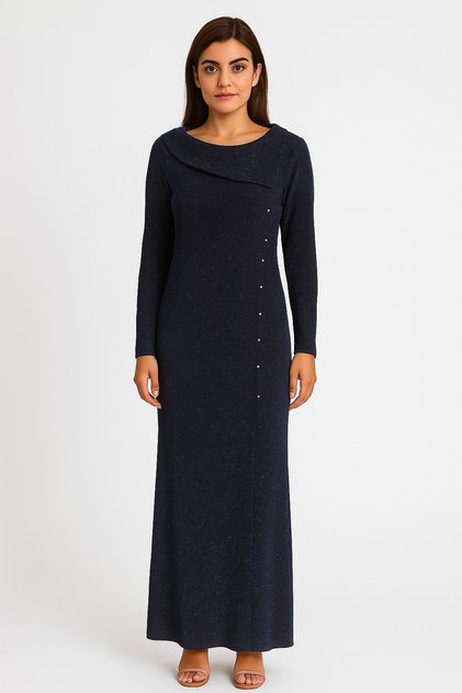 Shiny Navy Blue Long Dress with Glitter Button Detail