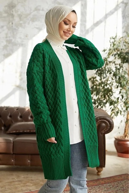 Long Off-Shoulder Balloon Sleeves V-Neck Coverless Hair Braid Textured Style Above Knee Midi Length Knitwear Cardigan