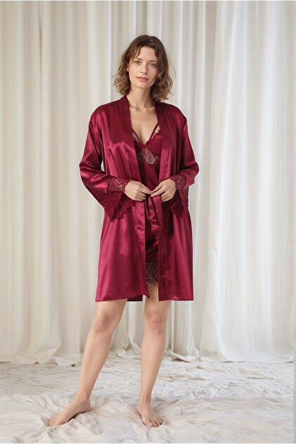 Alissa Women's Burgundy Satin Bridal 6-Piece Dowry Set Dressing Gown & Nightgown & Pajama Shorts Set W8U6O7K0Kka- Trendyol Alissa Women's Burgundy Satin Bridal 6-Piece Dowry Set Dressing Gown & Nightgown & Pajama Shorts Set W8U6O7K0Kka- Trendyol