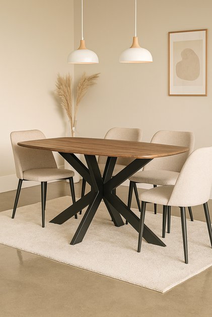 طاولة طعام عصرية 150 × 90 × 75 سم بسطح خشبي وأرجل معدنية سوداء متقاطعة لغرفة الطعام والمطبخ والمقهى والمطعم، الطاولة فقط بدون الكراسي