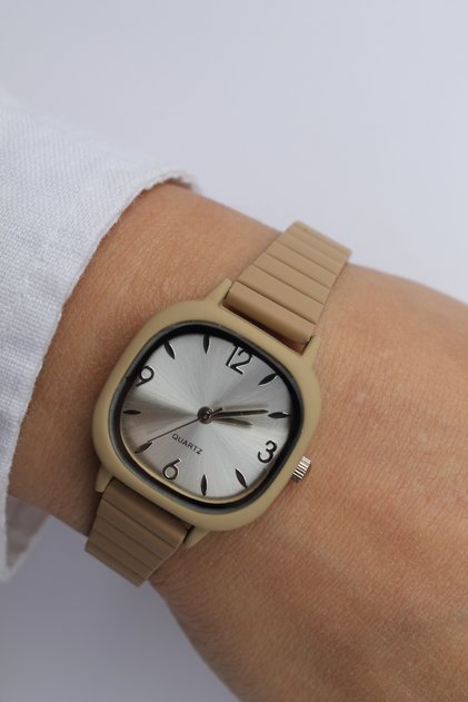 Beige Cord Strap Square Dial Women's Wristwatch
