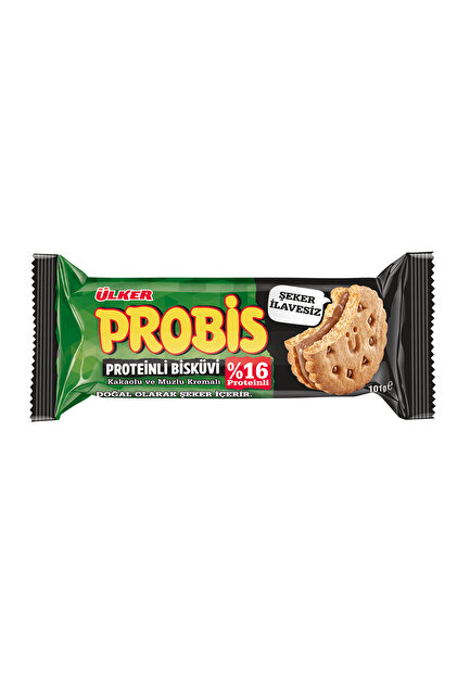 ÜLKER PROBİS PROTEİNLİ BİSKÜVİ %16 PROTEİNLİ KAKAOLU VE MUZLU KREMALI ŞEKER İLAVESİZ 101G