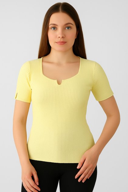 Women's Yellow Mercerized High Quality Short Sleeve Blouse Ribbed Stretchy Soft Slit Square Neck