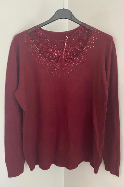 Women's Italian Burgundy Collar Round Butterfly Lace Detailed Long Sleeve Angora Sweater Blouse