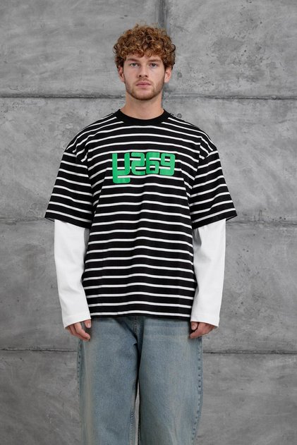 Men's Sweatshirt Y269 Striped Sleeves Black Oversize Crew Neck 3 Yarns Without Ruffles