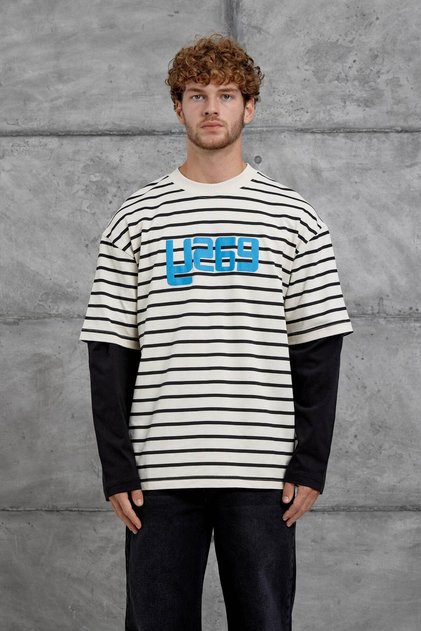 Men's Sweatshirt Y269 Striped Sleeves Cream Oversize Crew Neck 3 Yarns Without Ruffles