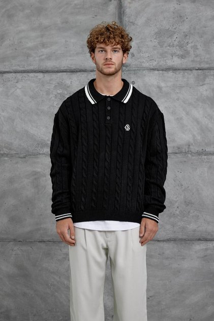 Men's Knitwear Gst Polo Collar Knitted Black Oversize Knitwear Fabric