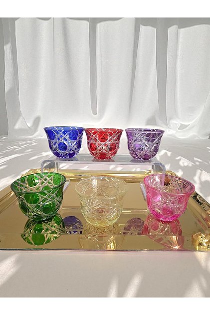 6-Piece Colored Cut Crystal Glass Coffee-Side Delight Dish / Mırra Set