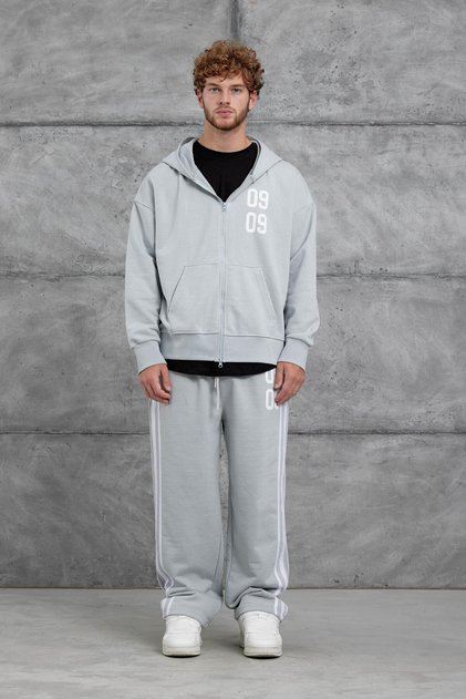 Men's Tracksuit Set 0909 Set Gray Oversize Printed Loose Fit 3 Yarns Without Drawstrings