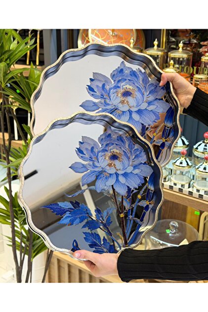 Onedekor 2li Blue Flower Aynalı Lüks Tepsi - Fiyatı, Yorumları