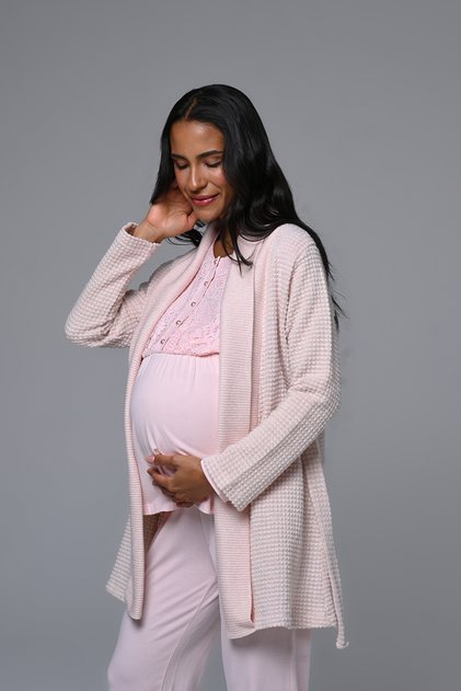 Women's Powder Shawl Collar Winter Lace Detailed Design Maternity Maternity Dressing Gown Pajama Set Set