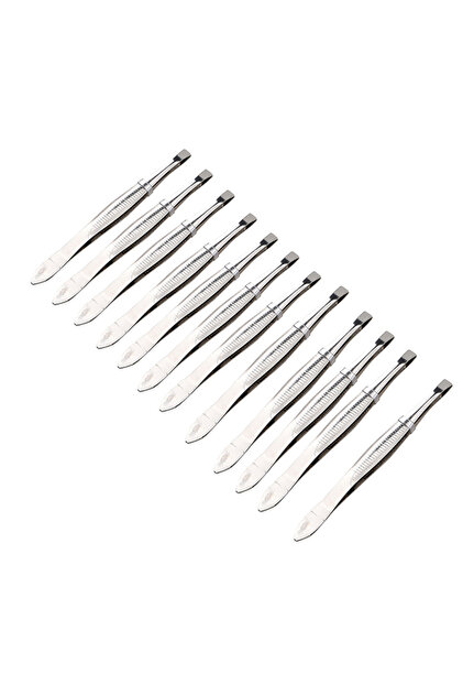 مجموعة ملاقط - 12 قطعة من الفولاذ المقاوم للصدأ ذات رأس مسطح لإزالة الشعر والحواجب بدقة