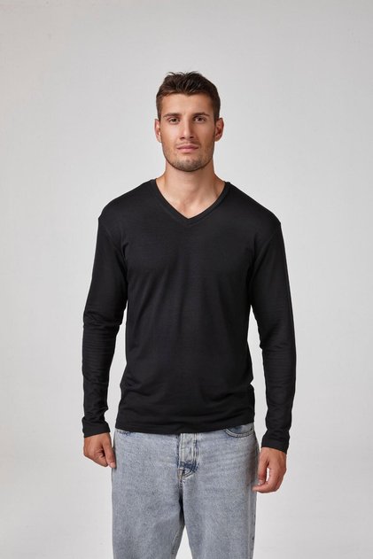 Men's Black Long Sleeve V-Neck Modal Basic T-Shirt C7T2N6O1