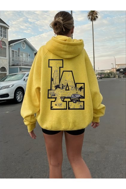Unisex La Los Angeles Colorful Custom Printed Cotton Oversize Hooded Sweatshirt