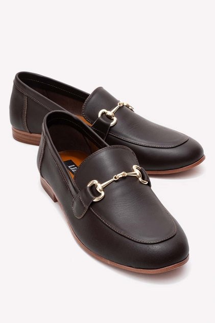 Brown - Genuine Leather Women's Shoes with Shiny Gold Metal Buckle