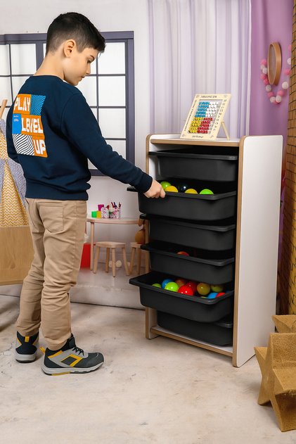 Industrial Living Beyaz MDF Montessori Oyuncak Dolabı – 6 Siyah
