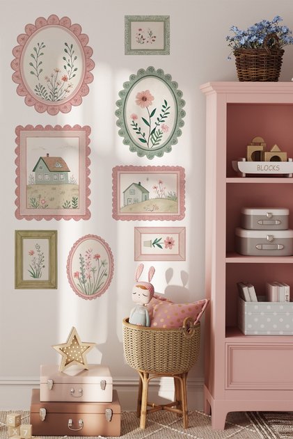 Pastoral Effect Spring Joy Themed Frame-Look Sticker Poster Set 8 Pieces