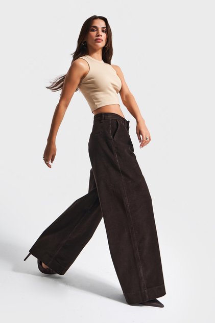 Women's Brown 26W5-136 Midrise Wide Leg Fit Corduroy Velvet Fabric Trousers