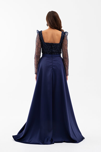 Lafaba Women's Navy Blue Long Sleeve Stone Satin Evening Dress with Tail  Accessories- Trendyol