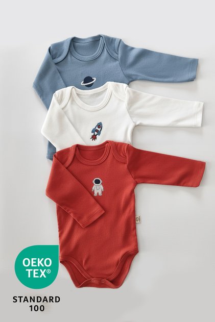 Space 3lü %100 Pamuk Nakışlı Uzun Kol Bebek Body Set