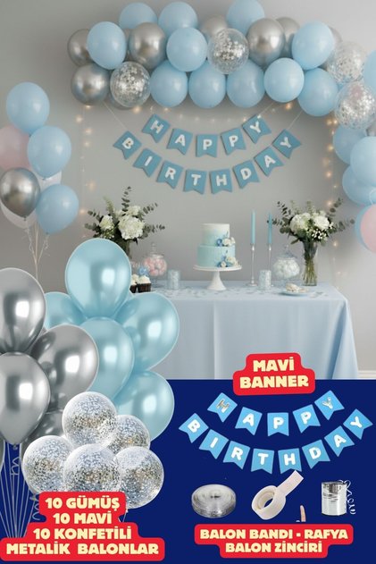 مجموعة زينة عيد الميلاد مع كتابة عيد ميلاد سعيد باللون الأزرق وبالونات عيد الميلاد