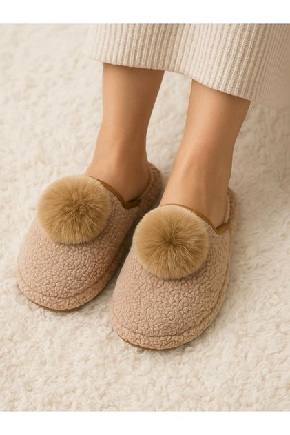 Brown Plush Pompom Women's House Slippers – Warm, Stylish and Comfortable Design